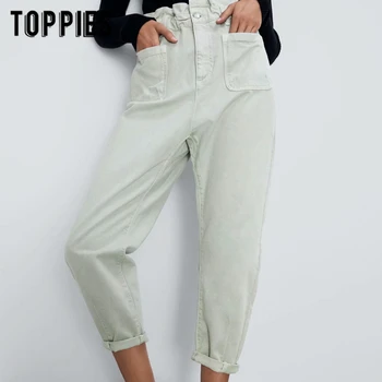 2020 hvid grøn jeans denim paperbage bukser lommer foran med høj talje jeans ankel længde streetwear