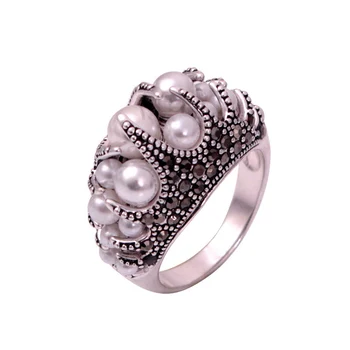 Kvinders Vintage Simuleret-Perle Ring Mærke Størrelse 7-9 Nye Elegante Sorte RhineStones Anel
