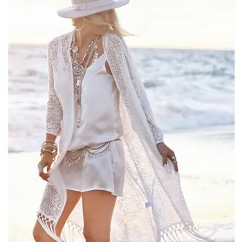 Kvinder Frynser Blonder kimono cardigan med Hvide Kvaster Beach Cover Up Cape Toppe, Bluser damen bluze