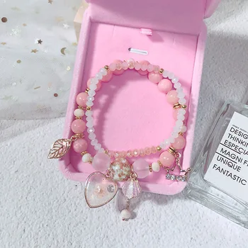 Sweet Ocean Ferie Style Smykker koreanske Simpel Lille Frisk Pink Crystal Beaded Armbånd til Pige Kvinder Mode Tilbehør