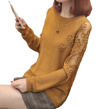 2021 Forår Og Efterår Pullover Sweater Mode Langærmet Plus Size Løs Hule Blomst Strikkede Skjorter, Toppe A314