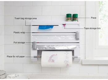 Nye Ankomst Køkken Storage Rack Multifunktionelle Tin Folie, husholdningsfilm Cutter Storage Rack Papir Håndklæde affaldssæk Rack Seks i en