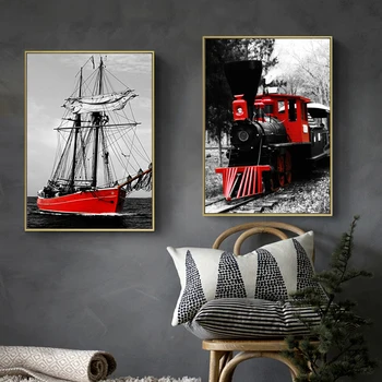 Sort Rød Sporvogne, Tog, Sejlbåde Liggende tryk på Lærred Maleri Plakat Væg Billeder til stuen Home Decor Wall Decor