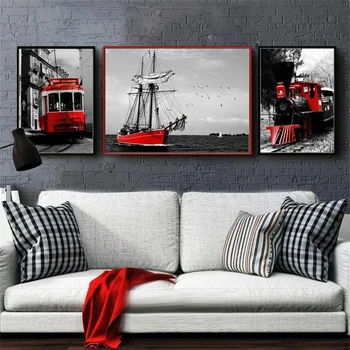 Sort Rød Sporvogne, Tog, Sejlbåde Liggende tryk på Lærred Maleri Plakat Væg Billeder til stuen Home Decor Wall Decor