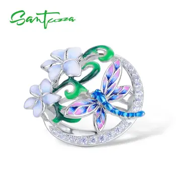 SANTUZZA Sølv Ring For Kvinder Ren 925 Sterling Sølv Delikat Dragonfly Blomst Cubic Zirconia Mode Smykker Håndlavet Emalje