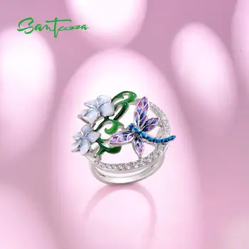 SANTUZZA Sølv Ring For Kvinder Ren 925 Sterling Sølv Delikat Dragonfly Blomst Cubic Zirconia Mode Smykker Håndlavet Emalje