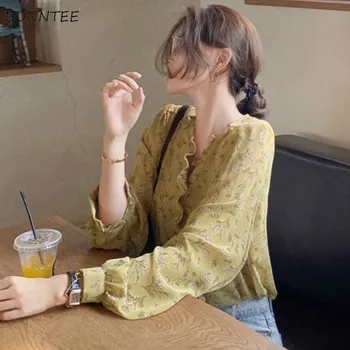 Shirts Dame Løs Chiffon Floral V-Hals Fritid Bud Fashionable Komfortable Kvindelige Bluser koreansk Stil Stilfulde Alle-match