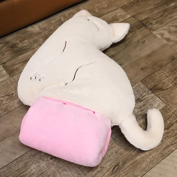 Stolt Sovende Udstoppet Kat Dukke Pink Hvid Fuzzy Plys Dyr Pude med Tæppe Indretning Plushie for Sofa Stol Piger Damer Gave