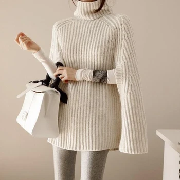 Oversize Sweater Mode Kappe Vinteren Kvinder Poncho Batwing Strikket Damer Rullekrave Sexet Plus Size Falde Løs Europa, Amerika