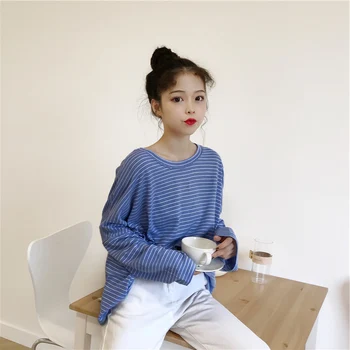 Efteråret casual løs sort tops tees Kvinder overdimensionerede koreansk Stil T-Shirt Harajuku langærmet Stribet streetwear kvindelige T-shirts