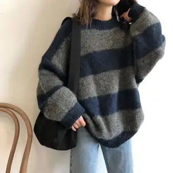Kvinder Overdimensionerede Tynd Sweater Vintage Stribet Løs Pullover Streetwear Efteråret Strikket Jumper Femme 2021