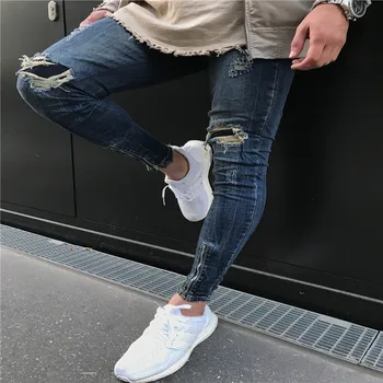 Ny Mænds Mode Vasket Tynde Flossede Hi-Street Denim Jeans til Mænd Revet Hul Lynlås Slim Fit Biker Jeans Plus Størrelse