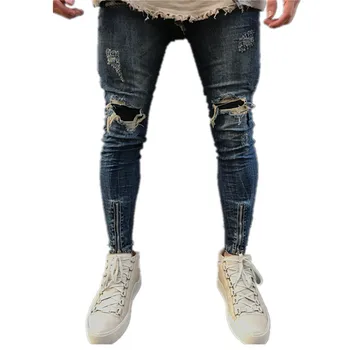 Ny Mænds Mode Vasket Tynde Flossede Hi-Street Denim Jeans til Mænd Revet Hul Lynlås Slim Fit Biker Jeans Plus Størrelse
