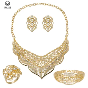 Seneste Oprindelige Fashion Dubai Guld farve fuld krystal brude bryllup smykker sæt, italiensk sæt til kvinder Fest Tilbehør