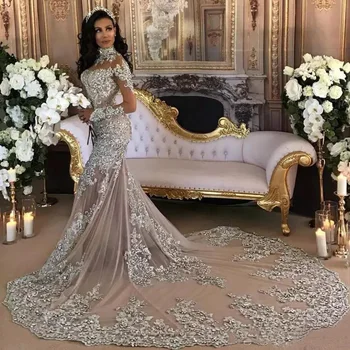 Dubai Arabisk Luksus Sparkly 2020 Bryllup Kjoler Bling Beaded Applique Høj Hals Illusion Lange Ærmer Havfrue Bride Dress Kjoler