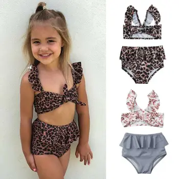 2019 Kids Baby Pige Blomster Leopard Badetøj Badetøj Svømning Tøj Buksetrold Piger Baby Sommer Flæsekanter Sunsuit Tøj Sæt