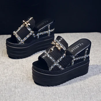 Kvindelige Dias Kile 12cm Super Høje Hæle Klip-Klappere på Platformen Stranden Designer Dias Sommer Sandaler Shoes De Mujer 2021
