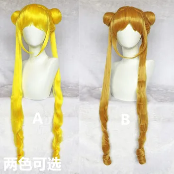 Sailor Moon Dobbelt Hestehale Lange Lige Blonde Citron Gule Syntetiske Cosplay Paryk til Halloween Kostume Fest