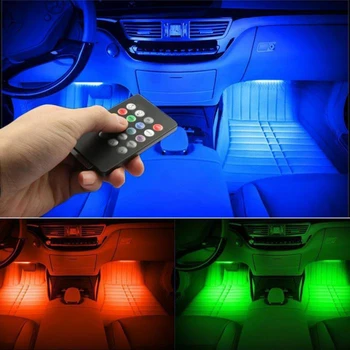 4x Bil LED Strip Light Remote Control Interiør Dekorative Atmosfære Lampe Blændende Farve RGB Følge DJ Musik Flash Auto Styling