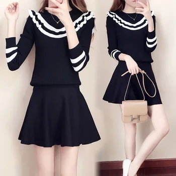 2019 Foråret Efteråret Sæt 2stk Kvinder Strikkede Sweater Kjole koreansk Japansk Stil Mini Kjole Sweater Toppe To-delt Sæt, der Passer
