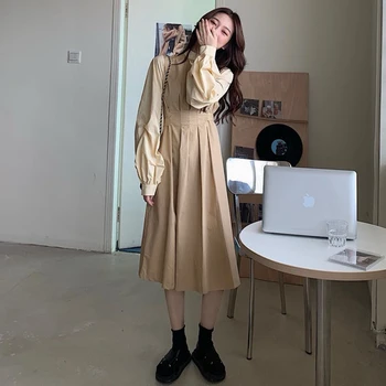 Kjole Kvinder Efteråret Elegante Falske To-Delt Høj Talje Lanterne Ærme Maxi Kjoler Dame Korean Style Retro Slanke, Smarte Patchwork