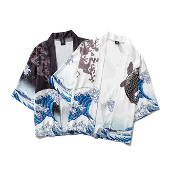 Bebovizi Japansk Bølge Koi Print Kimono, Cardigan, Jakker Herre Mode Outwear Japan Stil, Casual Streetwear Tynde Lag 2019