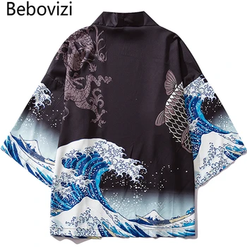 Bebovizi Japansk Bølge Koi Print Kimono, Cardigan, Jakker Herre Mode Outwear Japan Stil, Casual Streetwear Tynde Lag 2019