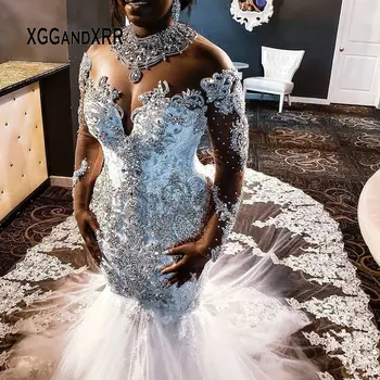 Luksus Memaid Brudekjole 2020 Høj Hals Sikning, Krystal Lace Applique Lange Royal Tog Afrikanske Sort Brudekjole Plus Størrelse