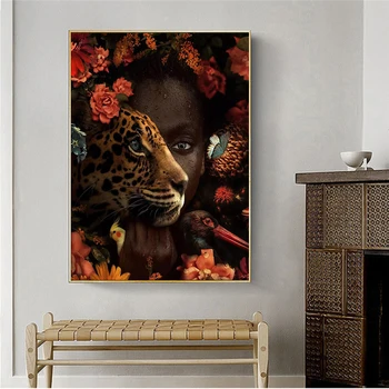 Afrikansk Kunst Sort Kvinde Tiger Steg Fugl Olie Maleri på Lærred Cuadros Plakater og Prints Væg Kunst Billede For Pige Soveværelse