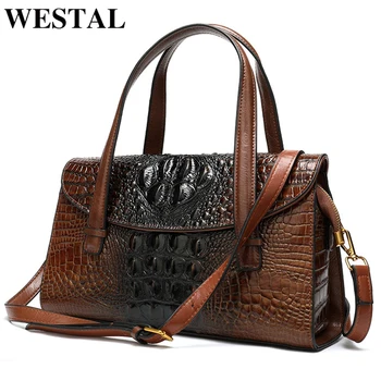 WESTAL ægte læder kvinder taske vintage designer luksus mærke crossbody taske dame skulder taske-krokodille mønster bag 99343