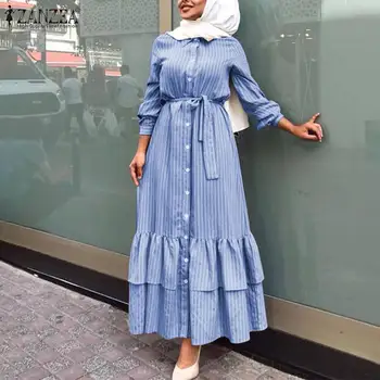Stilfuld Muslimske Shirts Kjole Kvinders Stribet Flæsekanter Sundress ZANZEA Afslappet langærmet Maxi Vestidos Kvindelige Knappen Robe Overdimensioneret