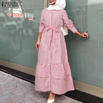 Stilfuld Muslimske Shirts Kjole Kvinders Stribet Flæsekanter Sundress ZANZEA Afslappet langærmet Maxi Vestidos Kvindelige Knappen Robe Overdimensioneret