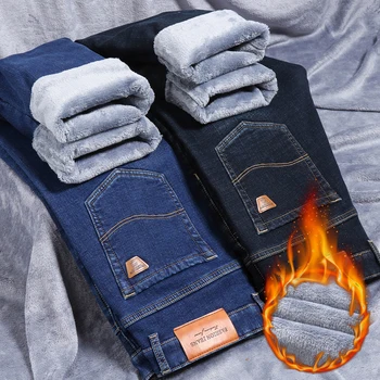 Vinteren Mænds Fleece Black Blue Jeans 2020 Nye Business Casual Varm Tyk Slim Fit Stretch Denim Bukser Mandlige Mærke Bukser