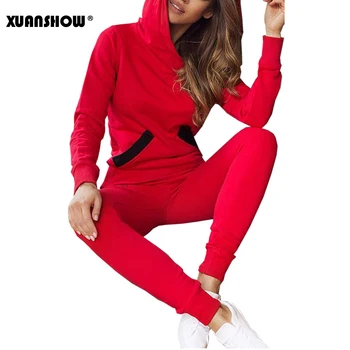 XUANSHOW 2020 Fahsion Kvinders To Stykker Casual Hooded Pullover Udstyr langærmet Top og Bukser Træningsdragt Sæt med Lommer