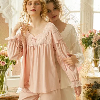 Høj Kvalitet Efteråret Hvid Bomuld Women ' s Pyjamas Sæt Pink/Hvid Lace langærmet Vintage Nattøj Passer Komfortabelt Hjem Bære