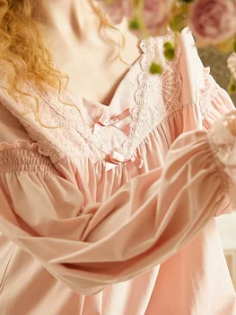 Høj Kvalitet Efteråret Hvid Bomuld Women ' s Pyjamas Sæt Pink/Hvid Lace langærmet Vintage Nattøj Passer Komfortabelt Hjem Bære