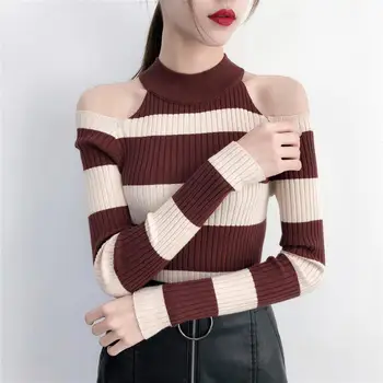 Uld Strik Stribe Sweater Koreanske 2020 Afslappet Off Skulder Foråret Efteråret Kvinder Toppe Med Lange Ærmer Pullover Slank Blusas Bomuld