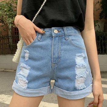 2021 Sommeren Blå Vintage Casual Korte Jeans Damer Høj Talje Crimpning Denim Shorts Nye Koreanske Hole Wild Hot Pants Kvinder 9354 50