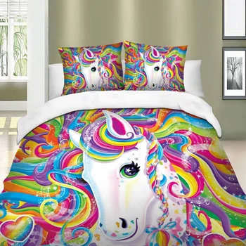 Farverige Unicorn søde piger Sengetøj Sæt 3D Digital Udskrivning Duvet Cover single tvilling, fuld dronning king size sengetøj