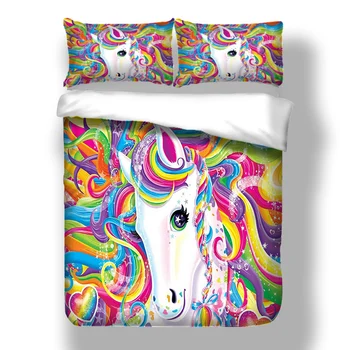 Farverige Unicorn søde piger Sengetøj Sæt 3D Digital Udskrivning Duvet Cover single tvilling, fuld dronning king size sengetøj