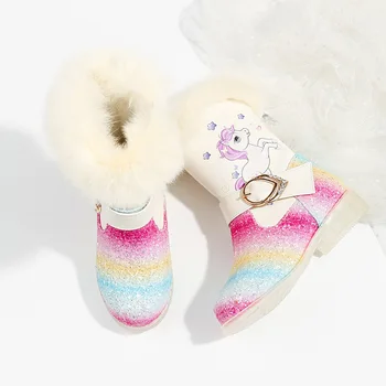 Rainbow Unicorn Støvler Til Piger I Vinteren Børn Sko Mode Pailletter Læder, Pels Børn Sne Støvler Plys Varme Piger Prinsesse Sko