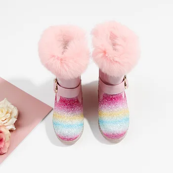 Rainbow Unicorn Støvler Til Piger I Vinteren Børn Sko Mode Pailletter Læder, Pels Børn Sne Støvler Plys Varme Piger Prinsesse Sko