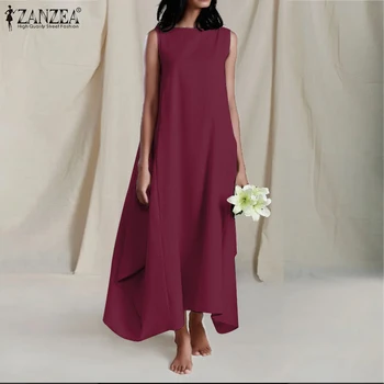 Kvinder er Sommer Sundress 2021 ZANZEA Elegant Asymmetrisk Kjole Afslappet Bomuld Ærmeløs Maxi Vestido Kvindelige Solid Robe Overdimensioneret
