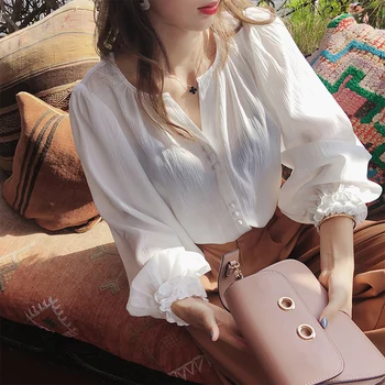 2019 MISHOW Efteråret chic stil dagligt kausale bluse kvinder hvid mikroskopiske Lanterne ærme sexede bluse toppe MX18C4590
