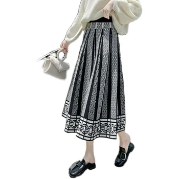 Sort Plisseret Strikket Nederdel Kvinder Vintage Høj Talje Mujer Faldas 2021 Plus Size Casual Midi Jupe