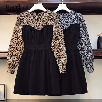 Plus size kvinder efteråret leopard langærmet patchwork A-line kjoler for kvinder med høj talje, sexede fest kjoler kvinder vestidos 2020