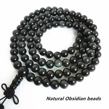 6mm Naturlig Obsidian Runde Perler Armbånd med Rainbow Eyes 108 Perler Bøn, Meditation Mala BRO501
