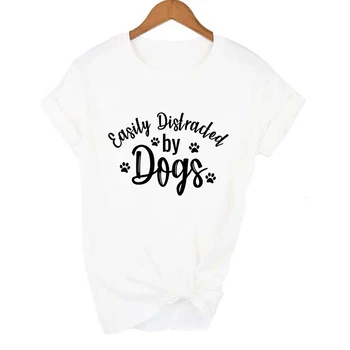 Nemt Distraheret Af Hunde Grafisk T-Shirt Kvinder Pote Print Korte Ærmer Sjove T-Shirts Søde Toppe Hund Elsker Tee Shirt Udstyr