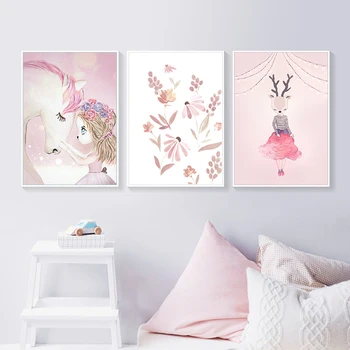 Pink Børnehave Pige Blomst Væg Kunst, Lærred Maleri Hest Swan Nordiske Plakater og Prints Væg Billeder til stuen, børneværelset