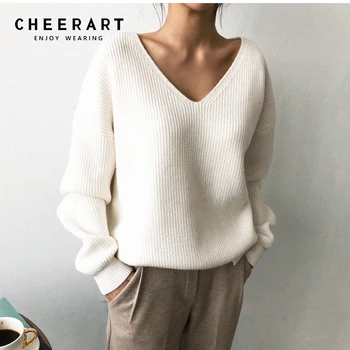 Cheerart Pullover Sweater Kvinder V Hals Løs Sweater Koreansk Stil Strik Trøjer På Efteråret Falder 2019 Tøj